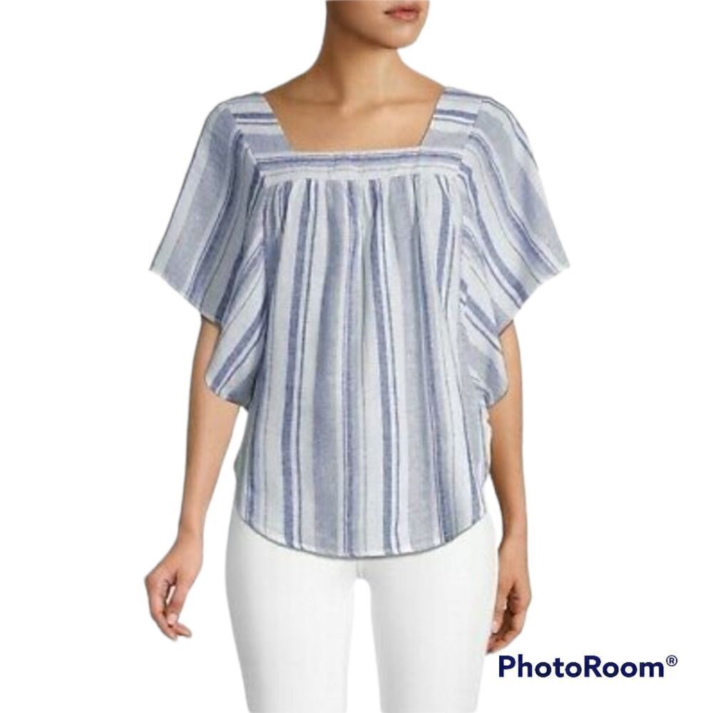 BeachLunchLounge Zoey Blue Striped Square Neck Short flutter sleeves top